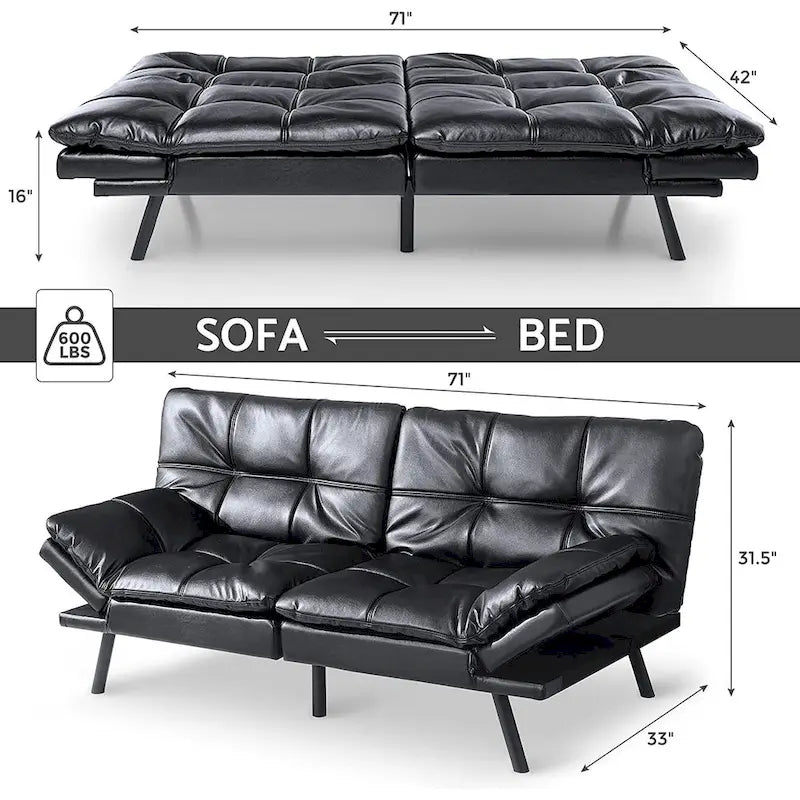 Canapé-lit futon à dossier fendu en similicuir noir mat/noir/amélioré avec accoudoirs réglables - Convient pour 2 personnes