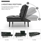 Canapé-lit futon à dossier fendu en similicuir noir mat/noir/amélioré avec accoudoirs réglables - Convient pour 2 personnes