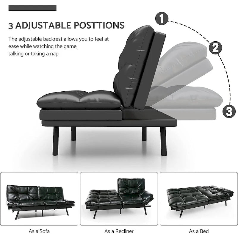 Canapé-lit futon à dossier fendu en similicuir noir mat/noir/amélioré avec accoudoirs réglables - Convient pour 2 personnes