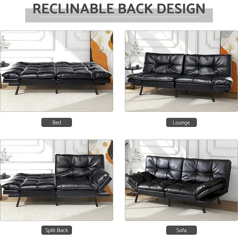 Canapé-lit futon à dossier fendu en similicuir noir mat/noir/amélioré avec accoudoirs réglables - Convient pour 2 personnes