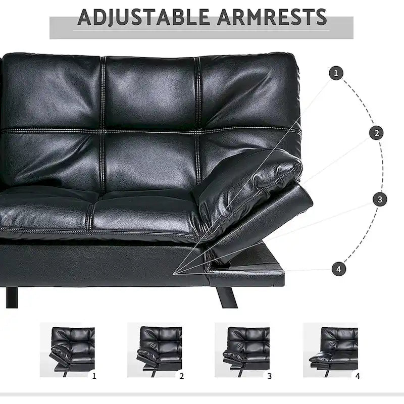 Canapé-lit futon à dossier fendu en similicuir noir mat/noir/amélioré avec accoudoirs réglables - Convient pour 2 personnes