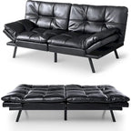 Canapé-lit futon à dossier fendu en similicuir noir mat/noir/amélioré avec accoudoirs réglables - Convient pour 2 personnes