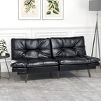 Canapé-lit futon à dossier fendu en similicuir noir mat/noir/amélioré avec accoudoirs réglables - Convient pour 2 personnes