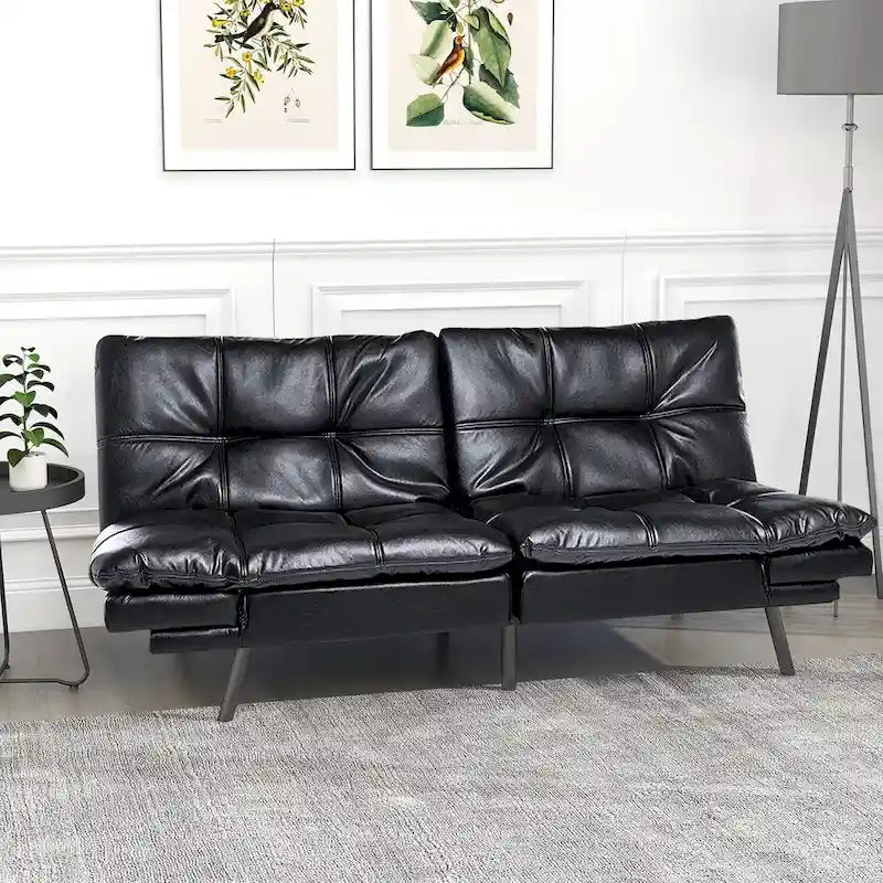 Canapé-lit futon à dossier fendu en similicuir noir mat/noir/amélioré avec accoudoirs réglables - Convient pour 2 personnes