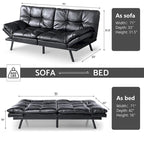 Canapé-lit futon à dossier fendu en similicuir noir mat/noir/amélioré avec accoudoirs réglables - Convient pour 2 personnes