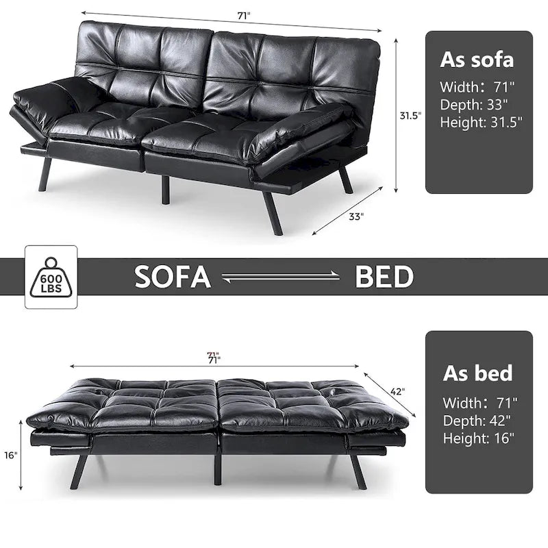 Canapé-lit futon à dossier fendu en similicuir noir mat/noir/amélioré avec accoudoirs réglables - Convient pour 2 personnes