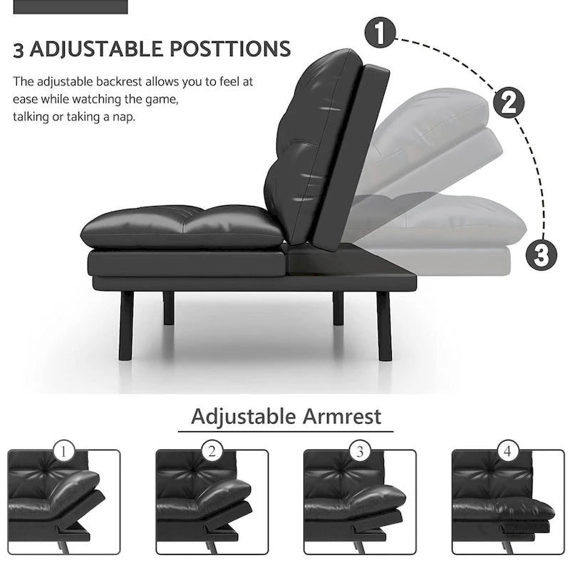 Canapé-lit futon à dossier fendu en similicuir noir mat/noir/amélioré avec accoudoirs réglables - Convient pour 2 personnes