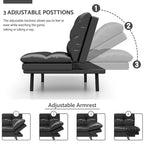 Canapé-lit futon à dossier fendu en similicuir noir mat/noir/amélioré avec accoudoirs réglables - Convient pour 2 personnes