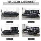 Canapé-lit futon à dossier fendu en similicuir noir mat/noir/amélioré avec accoudoirs réglables - Convient pour 2 personnes