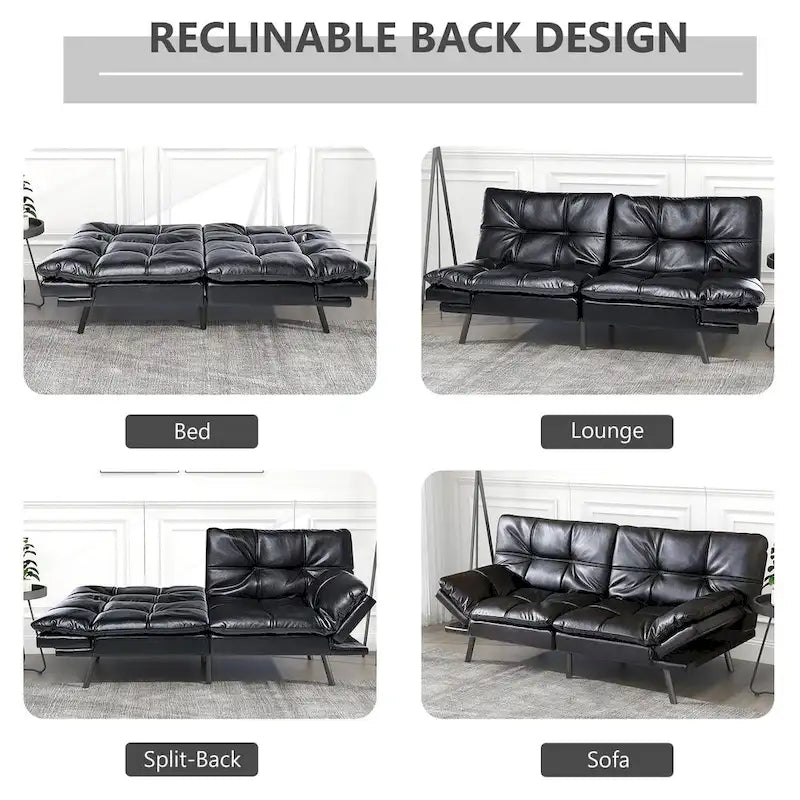 Canapé-lit futon à dossier fendu en similicuir noir mat/noir/amélioré avec accoudoirs réglables - Convient pour 2 personnes