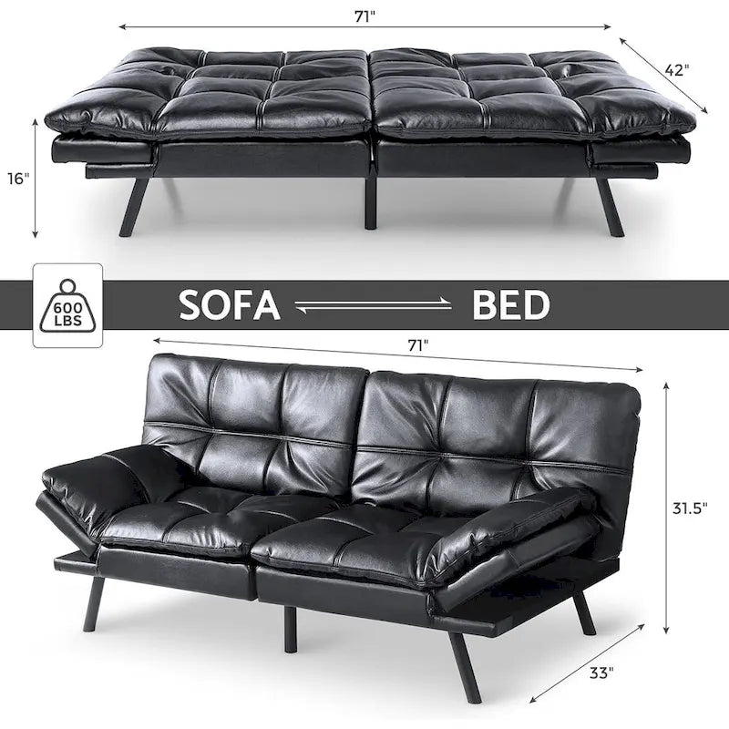 Canapé-lit futon à dossier fendu en similicuir noir mat/noir/amélioré avec accoudoirs réglables - Convient pour 2 personnes