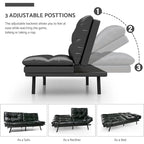 Canapé-lit futon à dossier fendu en similicuir noir mat/noir/amélioré avec accoudoirs réglables - Convient pour 2 personnes