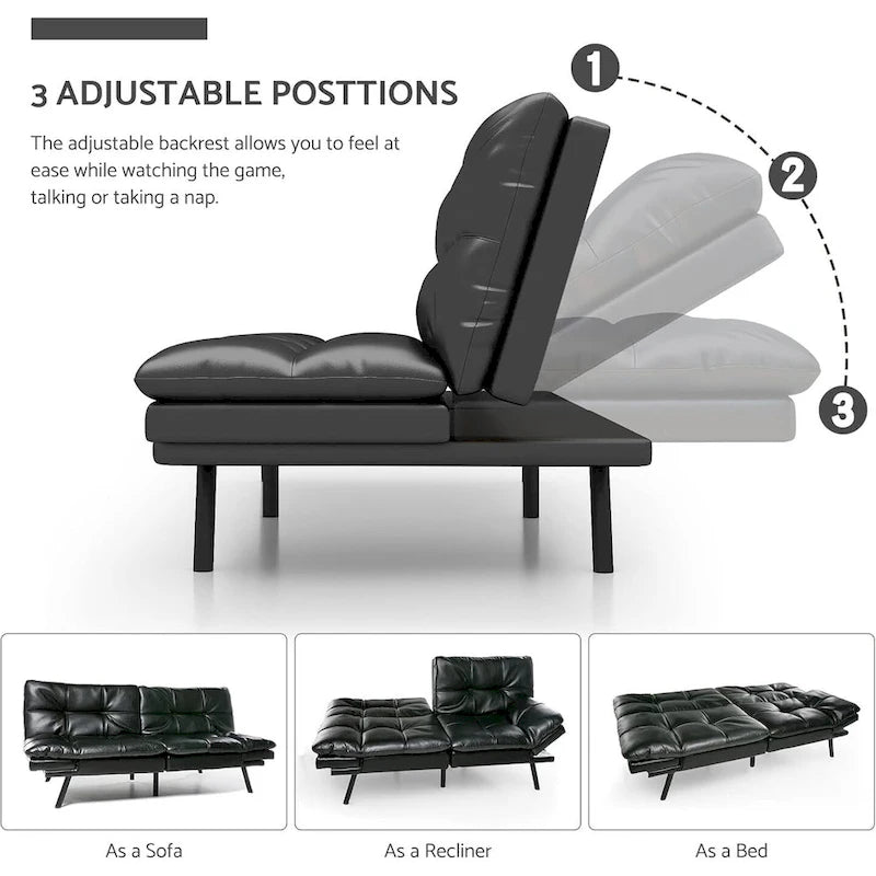 Canapé-lit futon à dossier fendu en similicuir noir mat/noir/amélioré avec accoudoirs réglables - Convient pour 2 personnes