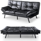 Canapé-lit futon à dossier fendu en similicuir noir mat/noir/amélioré avec accoudoirs réglables - Convient pour 2 personnes