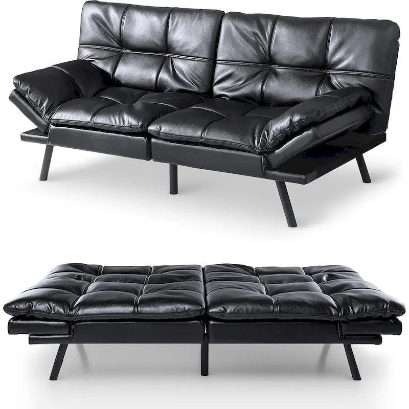Canapé-lit futon à dossier fendu en similicuir noir mat/noir/amélioré avec accoudoirs réglables - Convient pour 2 personnes