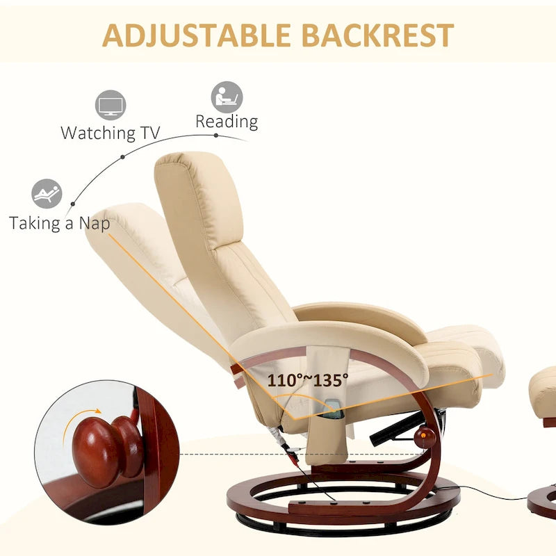 Fauteuil inclinable de massage électrique en cuir synthétique noir/beige avec repose-pieds - Usage individuel
