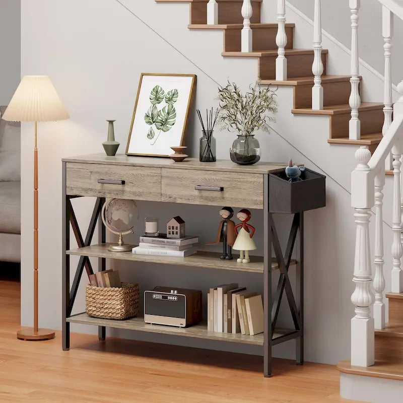 Console rétro grise/noire avec 2 tiroirs, 3 étagères, panier suspendu et crochets - Usage unique