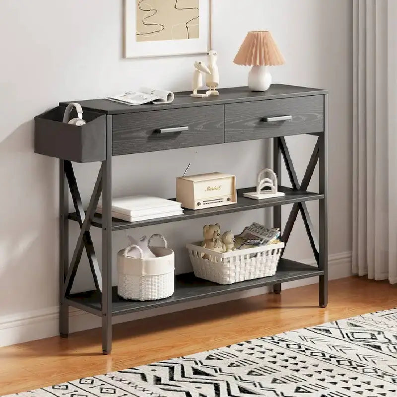 Console rétro grise/noire avec 2 tiroirs, 3 étagères, panier suspendu et crochets - Usage unique