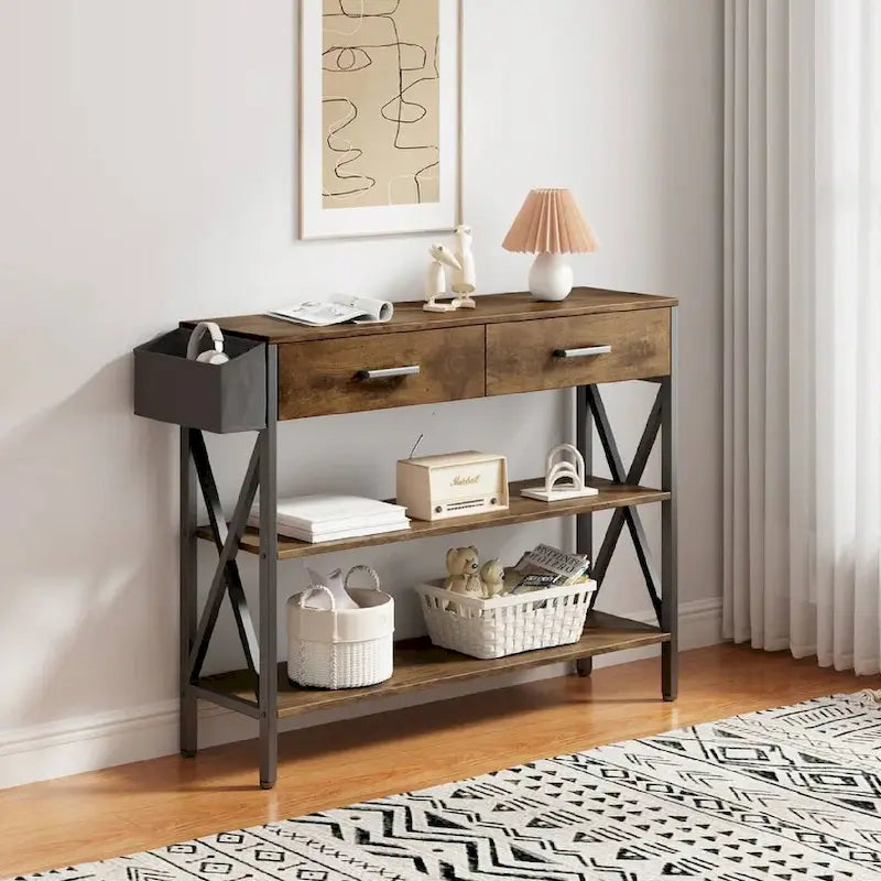 Console rétro grise/noire avec 2 tiroirs, 3 étagères, panier suspendu et crochets - Usage unique