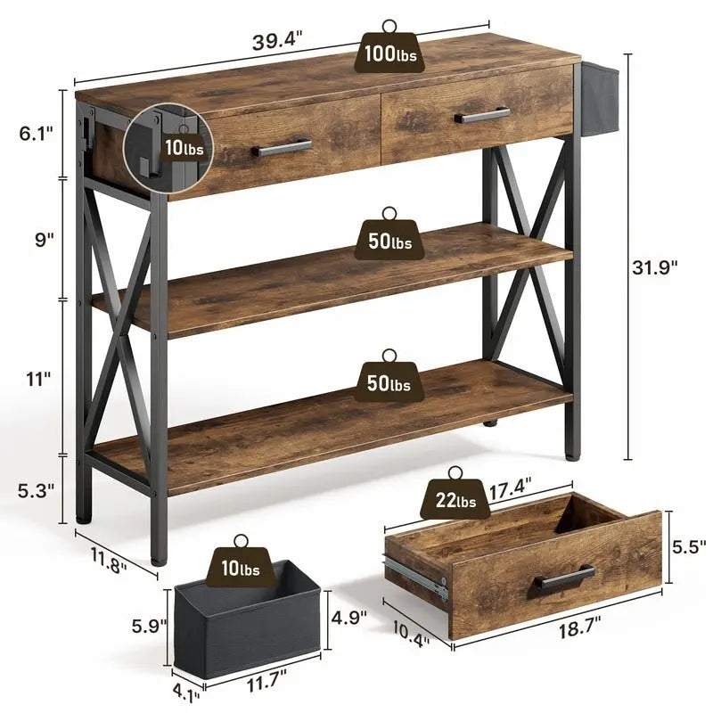 Console rétro grise/noire avec 2 tiroirs, 3 étagères, panier suspendu et crochets - Usage unique