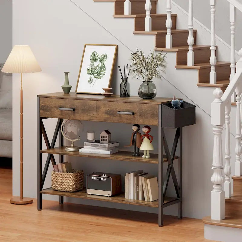 Console rétro grise/noire avec 2 tiroirs, 3 étagères, panier suspendu et crochets - Usage unique