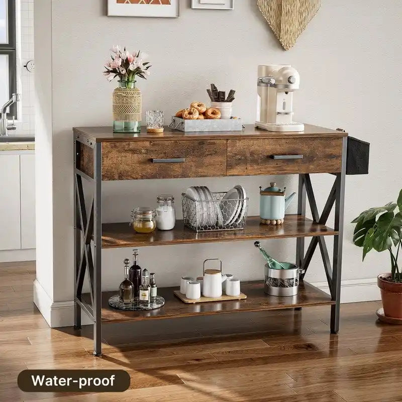 Console rétro grise/noire avec 2 tiroirs, 3 étagères, panier suspendu et crochets - Usage unique