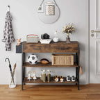 Console rétro grise/noire avec 2 tiroirs, 3 étagères, panier suspendu et crochets - Usage unique