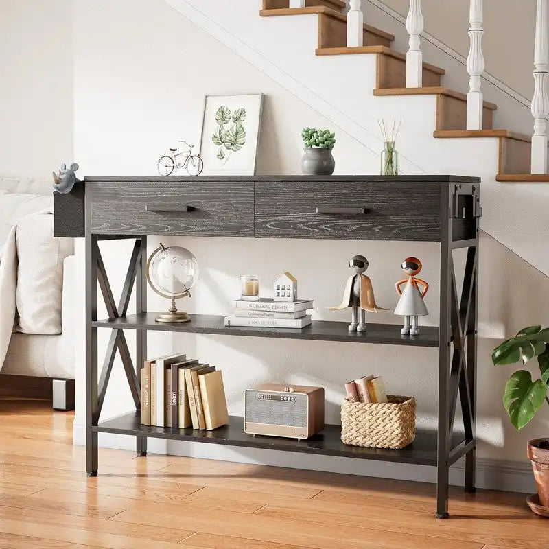 Console rétro grise/noire avec 2 tiroirs, 3 étagères, panier suspendu et crochets - Usage unique