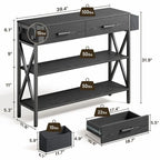 Console rétro grise/noire avec 2 tiroirs, 3 étagères, panier suspendu et crochets - Usage unique