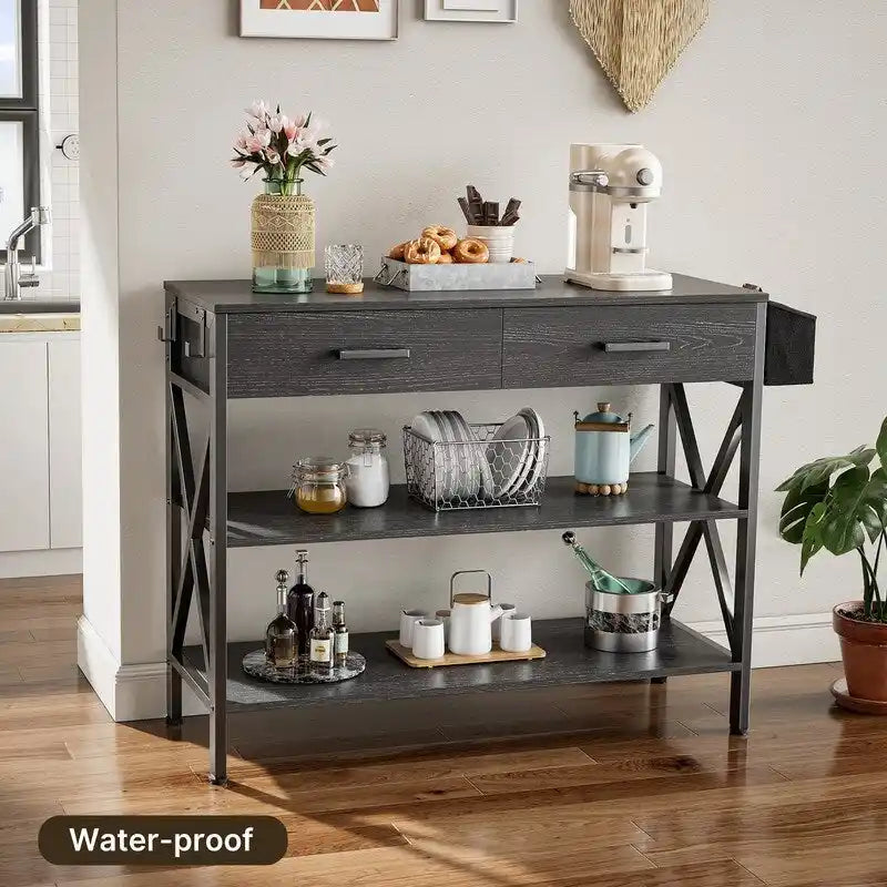 Console rétro grise/noire avec 2 tiroirs, 3 étagères, panier suspendu et crochets - Usage unique