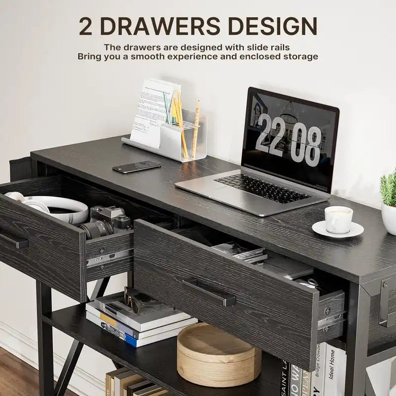 Console rétro grise/noire avec 2 tiroirs, 3 étagères, panier suspendu et crochets - Usage unique