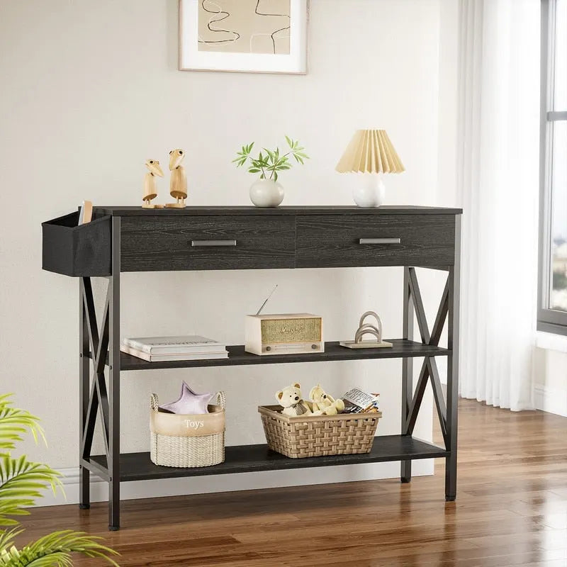 Console rétro grise/noire avec 2 tiroirs, 3 étagères, panier suspendu et crochets - Usage unique