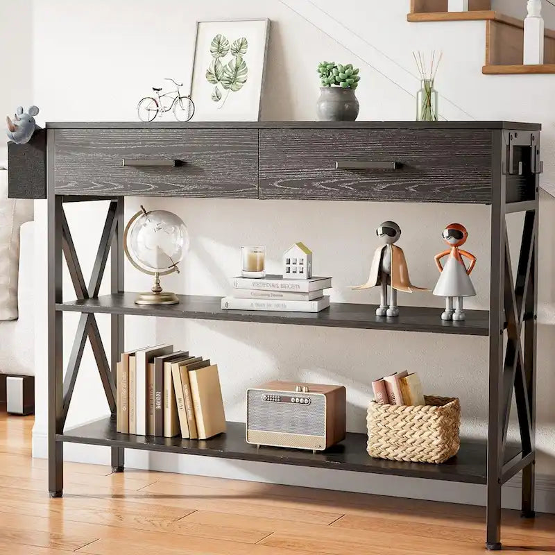 Console rétro grise/noire avec 2 tiroirs, 3 étagères, panier suspendu et crochets - Usage unique