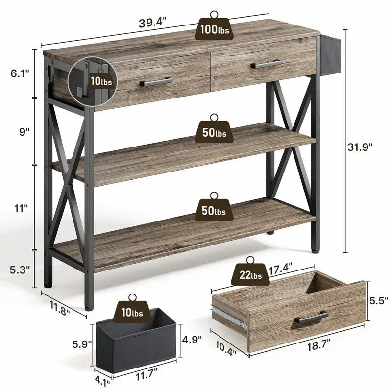 Console rétro grise/noire avec 2 tiroirs, 3 étagères, panier suspendu et crochets - Usage unique