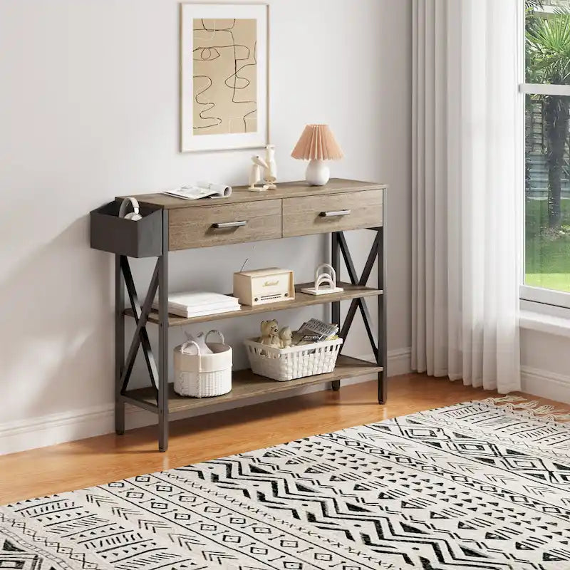 Console rétro grise/noire avec 2 tiroirs, 3 étagères, panier suspendu et crochets - Usage unique