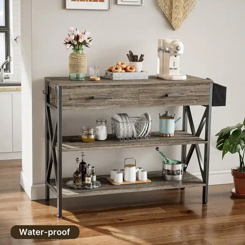 Console rétro grise/noire avec 2 tiroirs, 3 étagères, panier suspendu et crochets - Usage unique