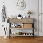 Console rétro grise/noire avec 2 tiroirs, 3 étagères, panier suspendu et crochets - Usage unique