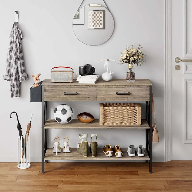 Console rétro grise/noire avec 2 tiroirs, 3 étagères, panier suspendu et crochets - Usage unique