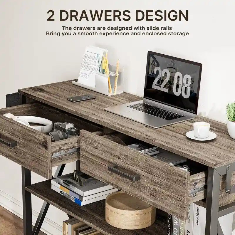 Console rétro grise/noire avec 2 tiroirs, 3 étagères, panier suspendu et crochets - Usage unique
