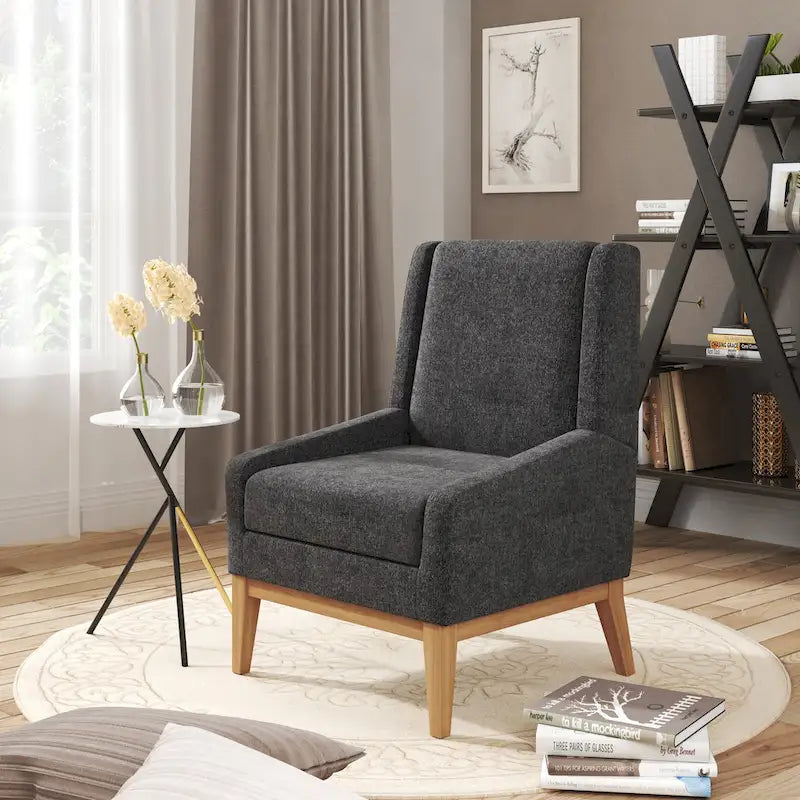 Fauteuil de ferme en polyester gris/rayé/beige/bleu avec accoudoirs et pieds en bois massif - Usage unique