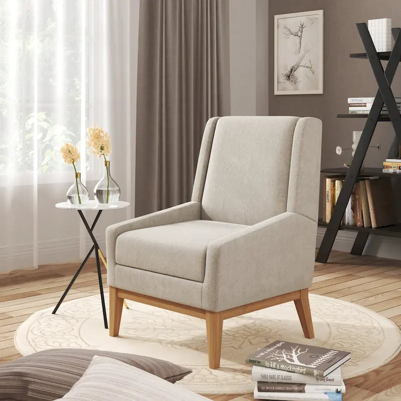 Fauteuil de ferme en polyester gris/rayé/beige/bleu avec accoudoirs et pieds en bois massif - Usage unique