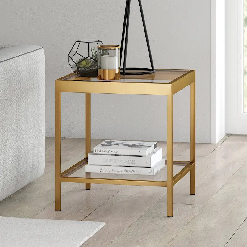 Table d'appoint carrée moderne en verre avec structure métallique et étagère inférieure, en laiton / bronze noirci / nickel