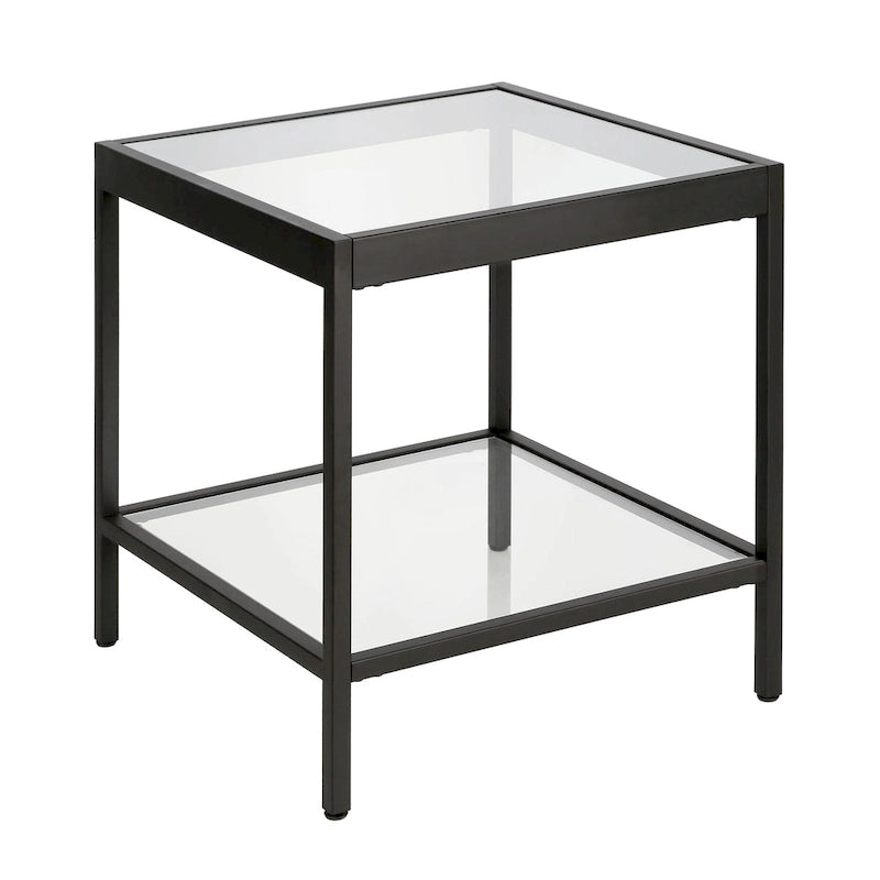 Table d'appoint carrée moderne en verre avec structure métallique et étagère inférieure, en laiton / bronze noirci / nickel