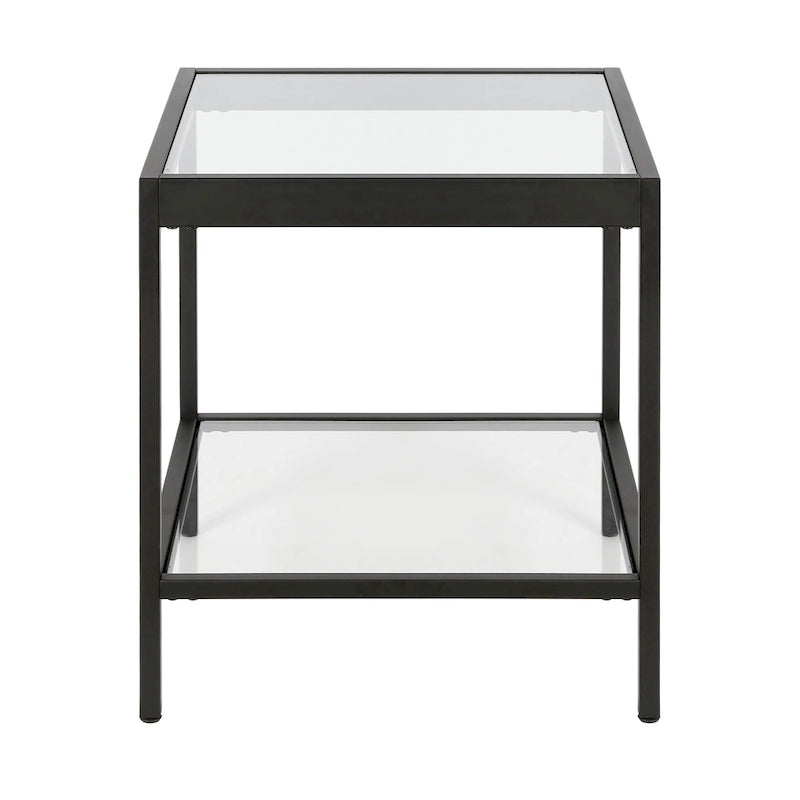 Table d'appoint carrée moderne en verre avec structure métallique et étagère inférieure, en laiton / bronze noirci / nickel