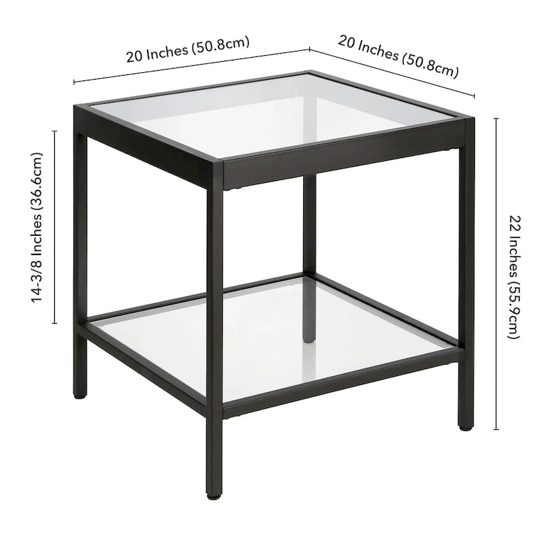 Table d'appoint carrée moderne en verre avec structure métallique et étagère inférieure, en laiton / bronze noirci / nickel