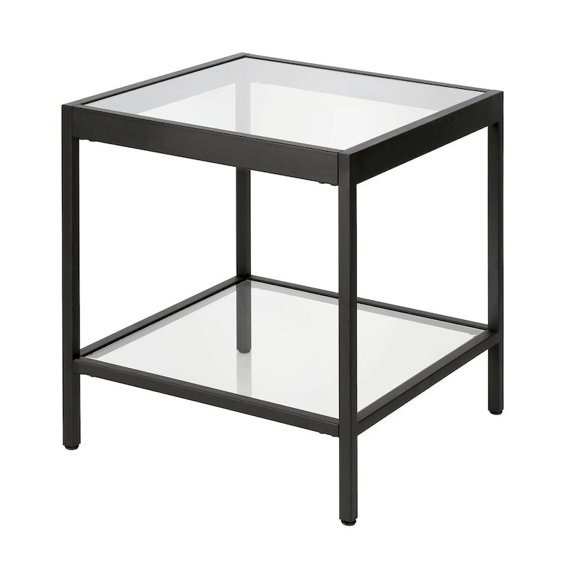 Table d'appoint carrée moderne en verre avec structure métallique et étagère inférieure, en laiton / bronze noirci / nickel