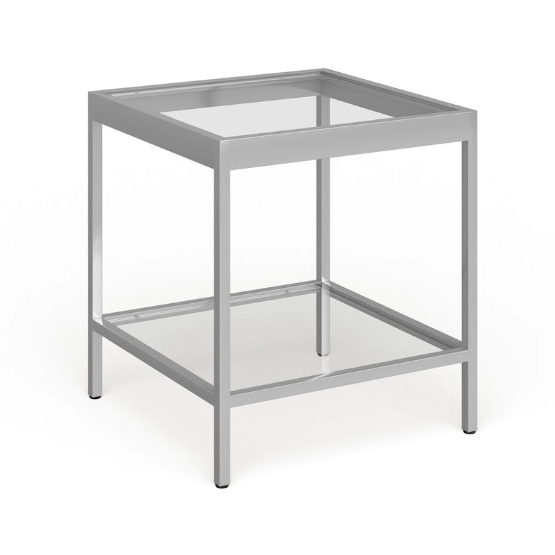 Table d'appoint carrée moderne en verre avec structure métallique et étagère inférieure, en laiton / bronze noirci / nickel