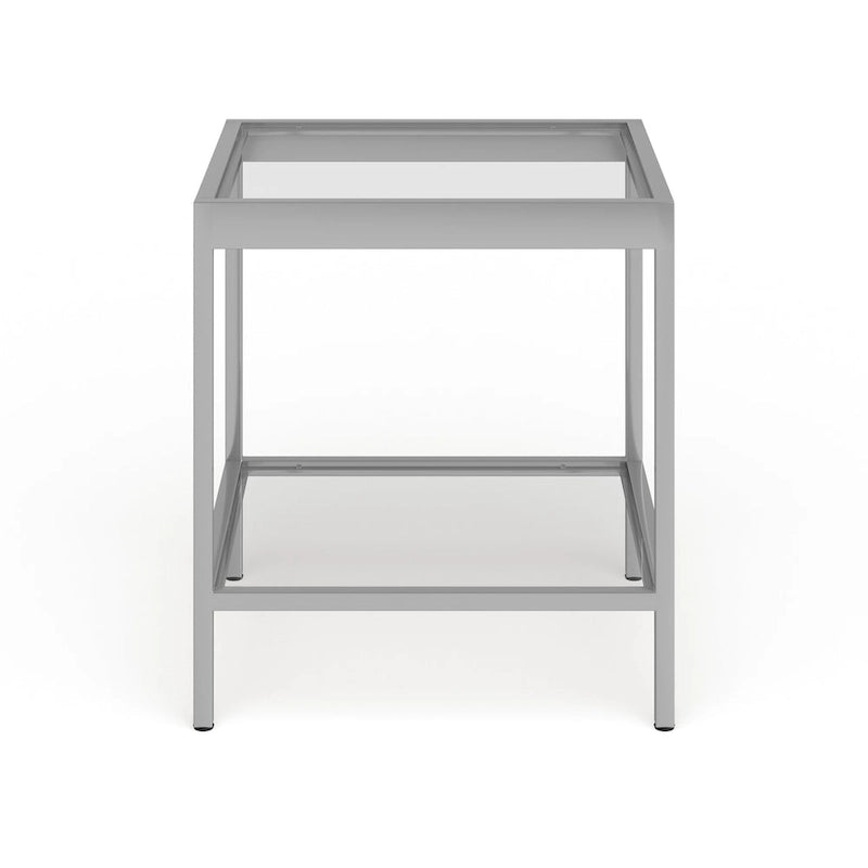 Table d'appoint carrée moderne en verre avec structure métallique et étagère inférieure, en laiton / bronze noirci / nickel