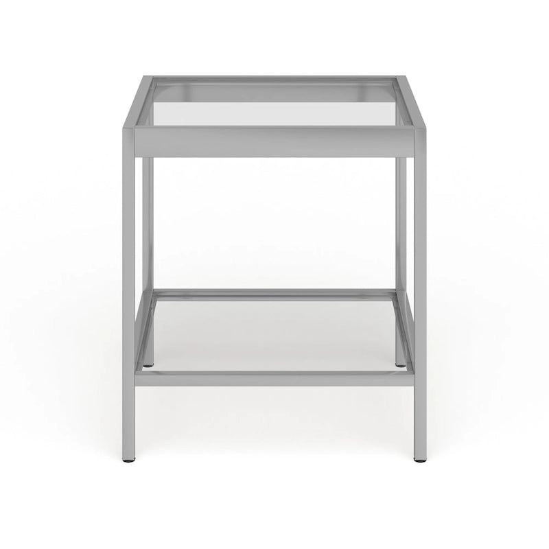 Table d'appoint carrée moderne en verre avec structure métallique et étagère inférieure, en laiton / bronze noirci / nickel