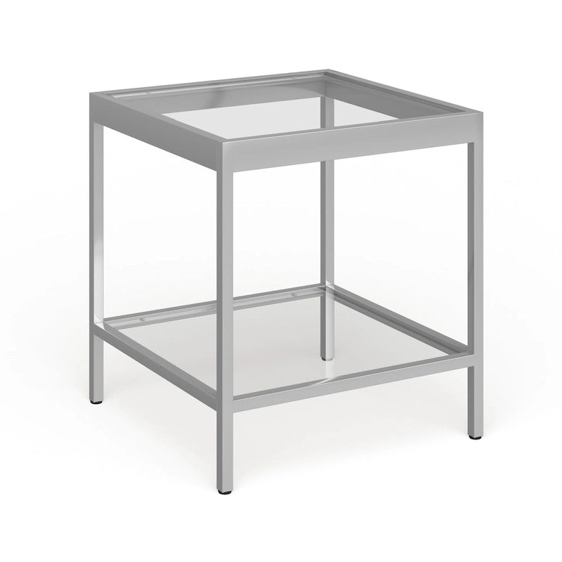 Table d'appoint carrée moderne en verre avec structure métallique et étagère inférieure, en laiton / bronze noirci / nickel